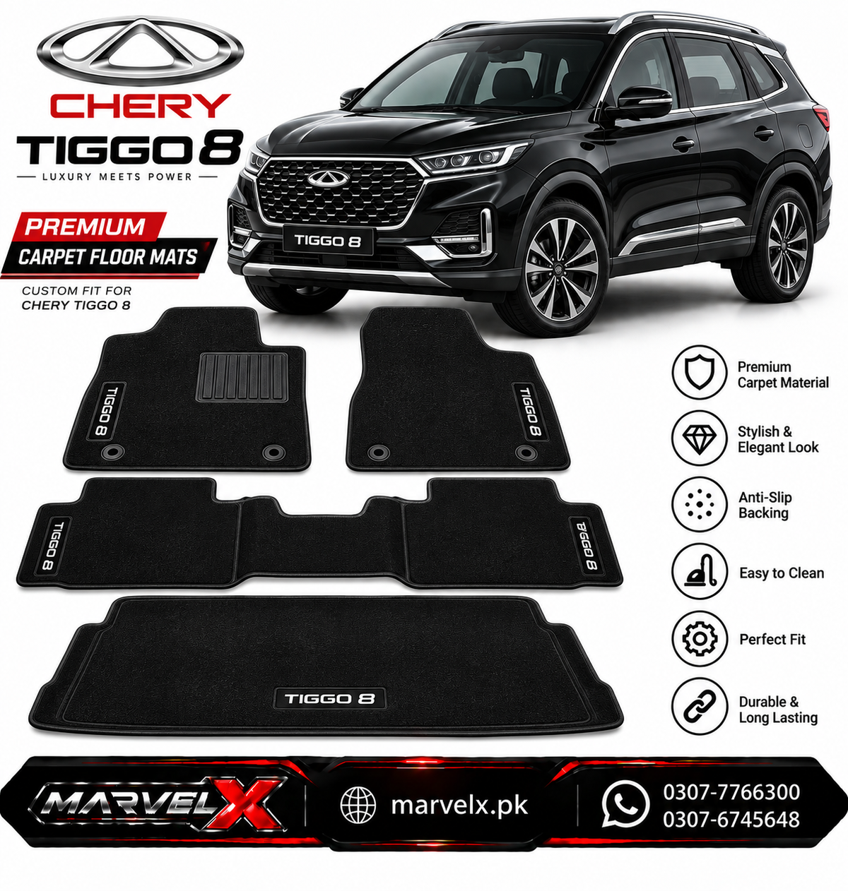 Cherry Tiggo 8 Black Carpet Floor Mats