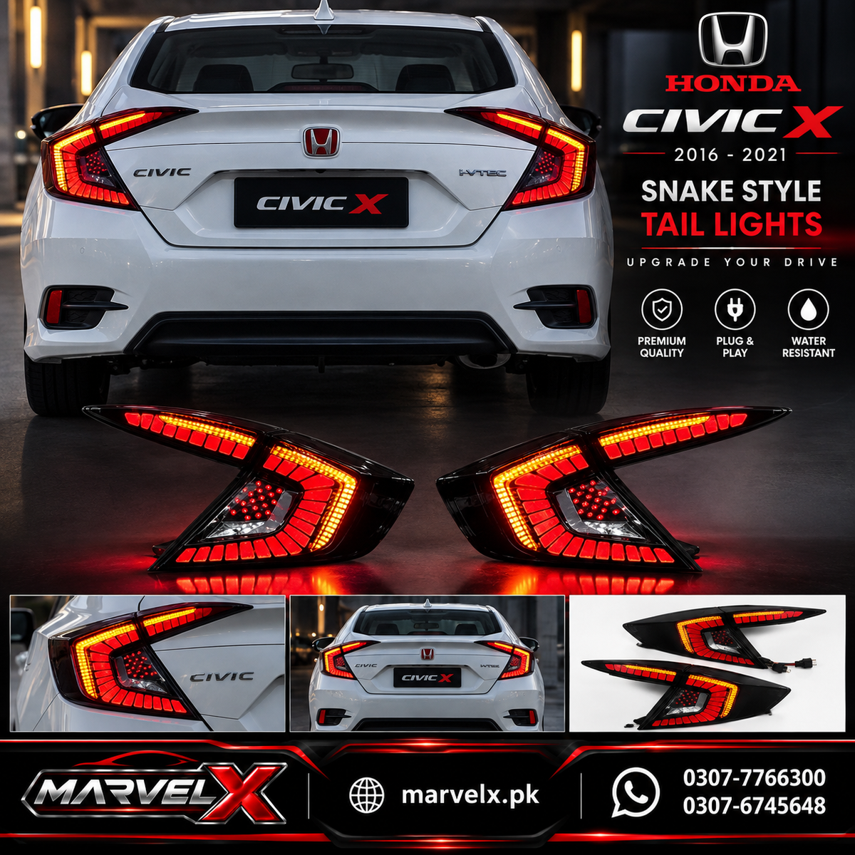 Honda Civic X Dragon Style Smoke LED Tail Lights for 2016 - 2021