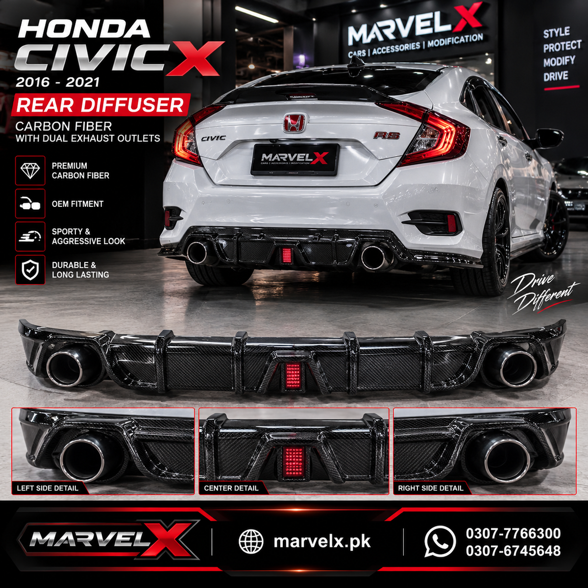 Honda Civic X Carbon Fiber Lip Diffuser - With Brake Light LED