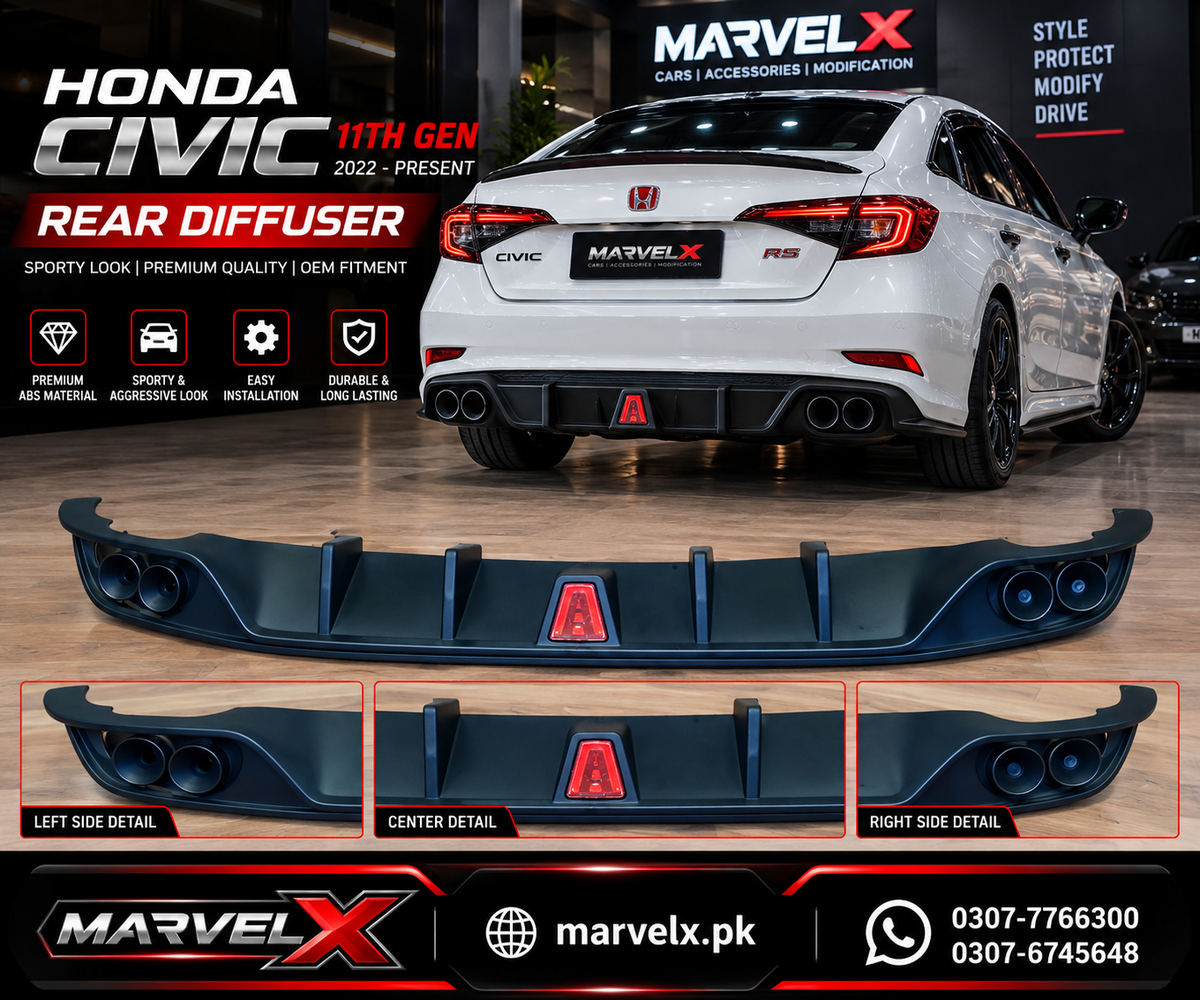Honda Civic Glossy Black Lip Diffuser With Light 2022 2023 2024 2025