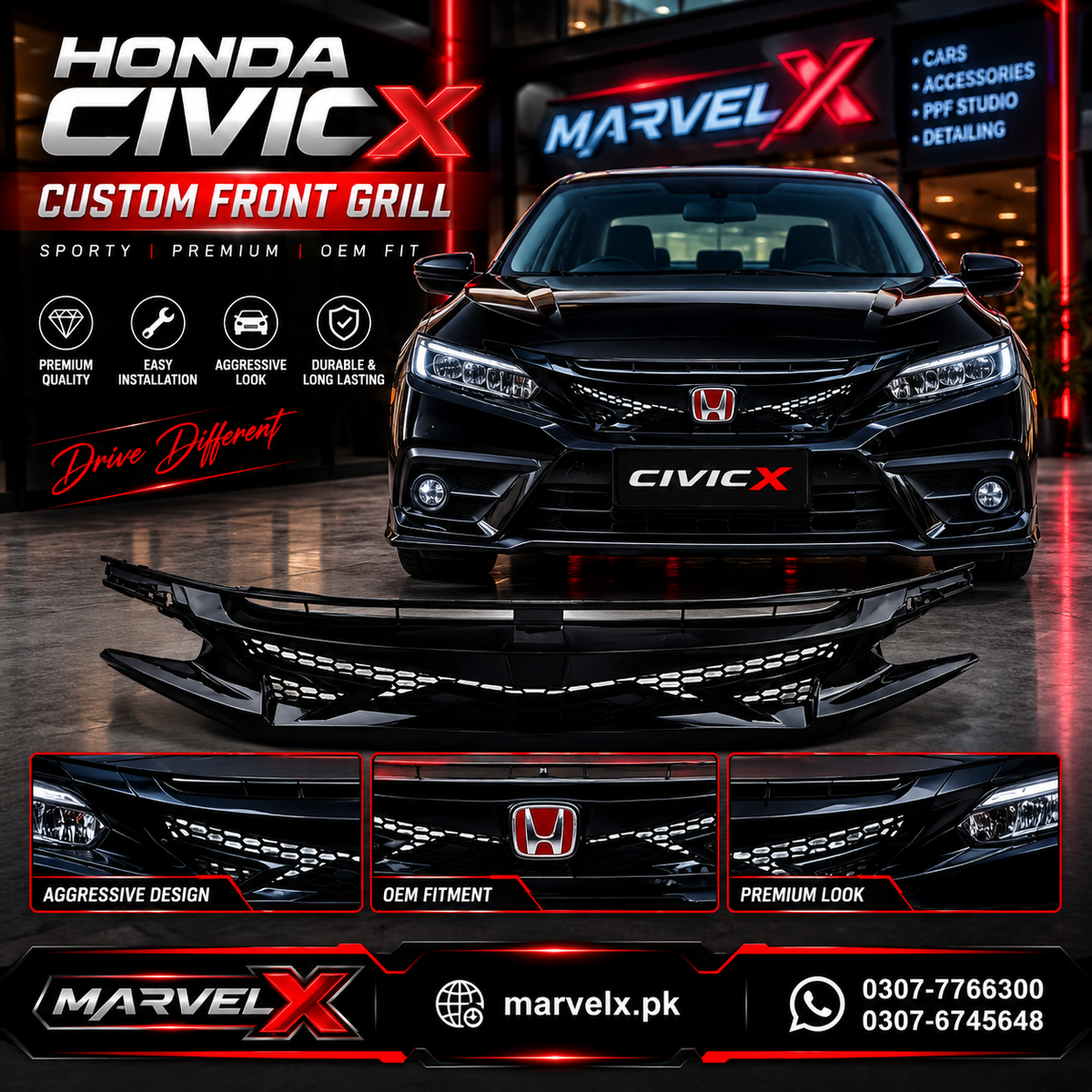 Honda Civic Piano Black X Grill