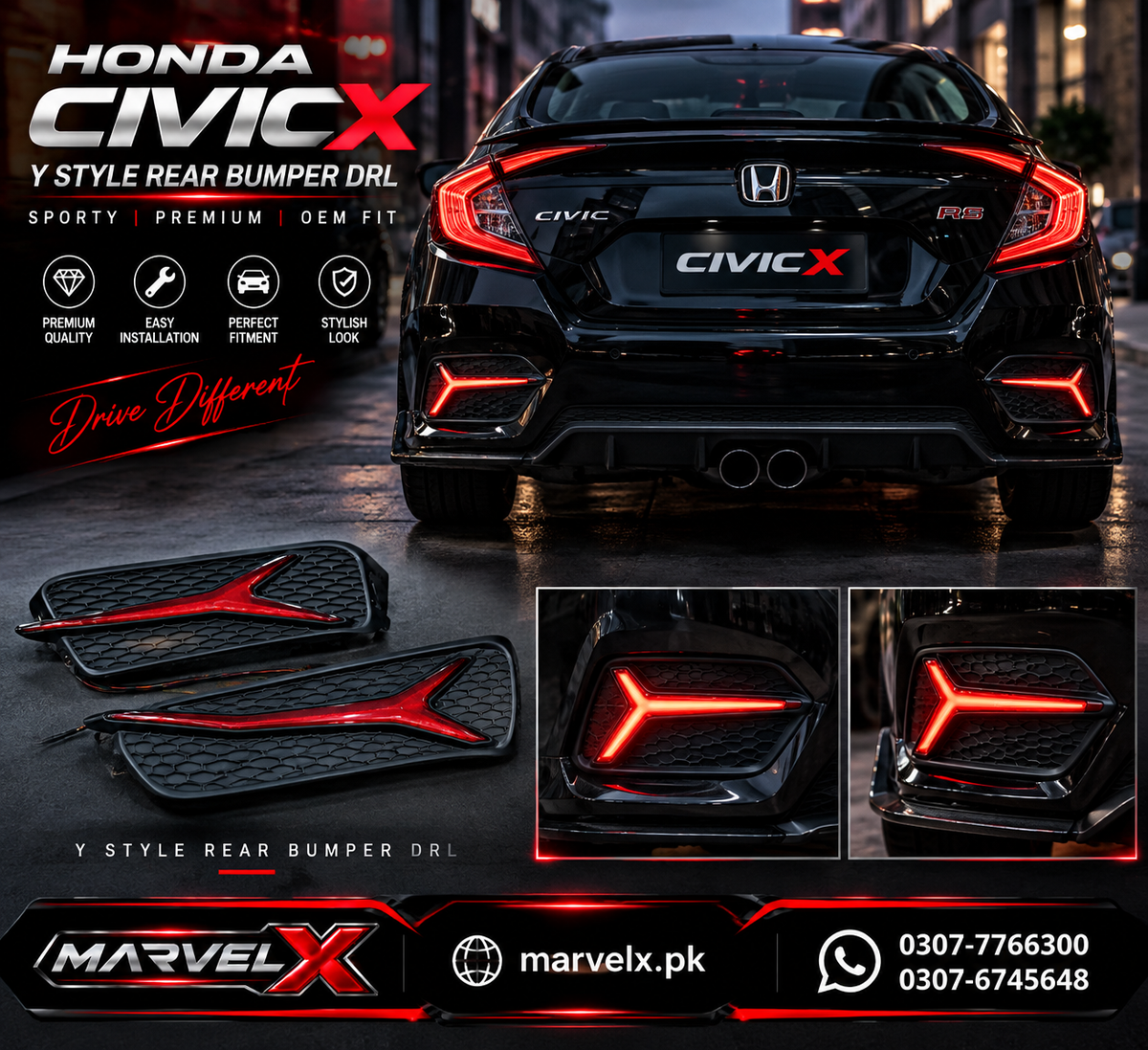 Honda Civic X Rear Bumper Sword Style DRL For 2016-2021