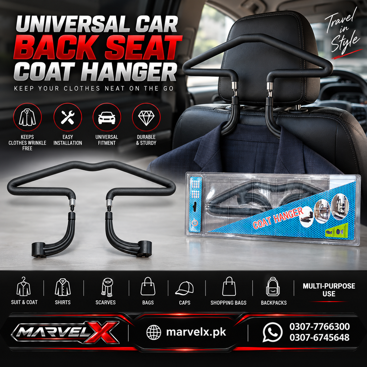 Car Back Seat Coat Hanger Black