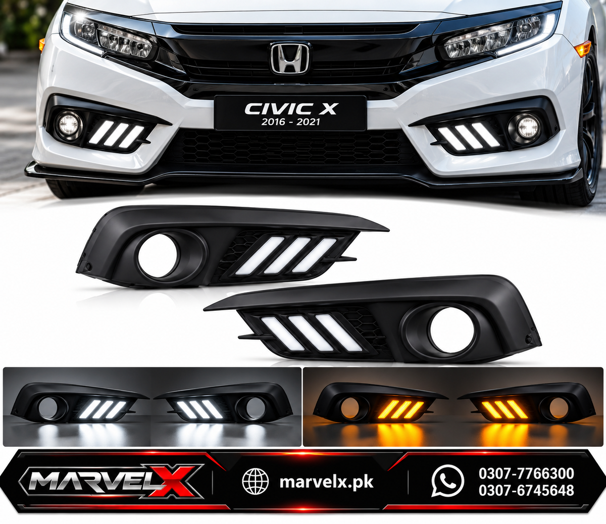 Honda Civic X Fog Lights DRL Cover Mustang Style Model 2016-2020